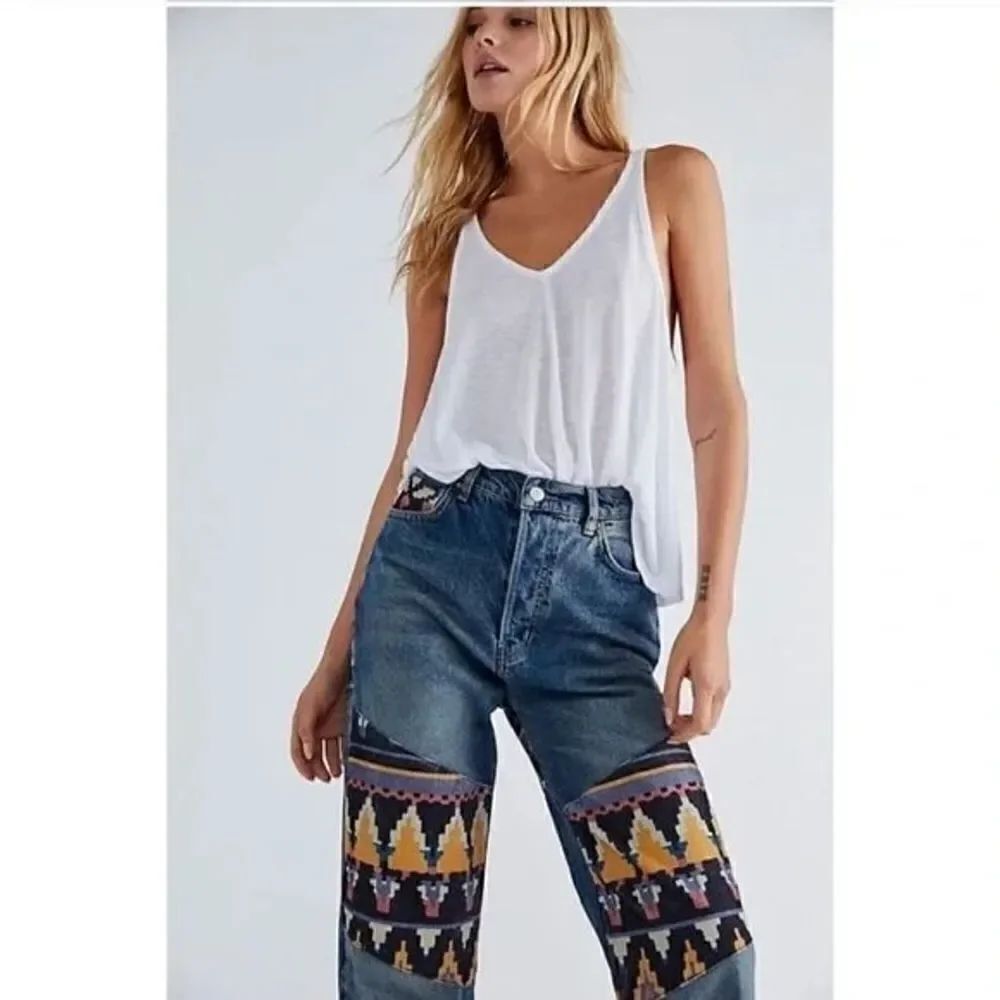 FREE PEOPLE WE THE PEOPLE ROCKY MOUNTAIN CORDUROY PATCHWORK DENIM size 26